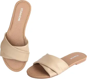 STUNAHOME Womens Flat Sandals Summer Slip On Slides Round Toe Leather Sandals Crisscross Slippers