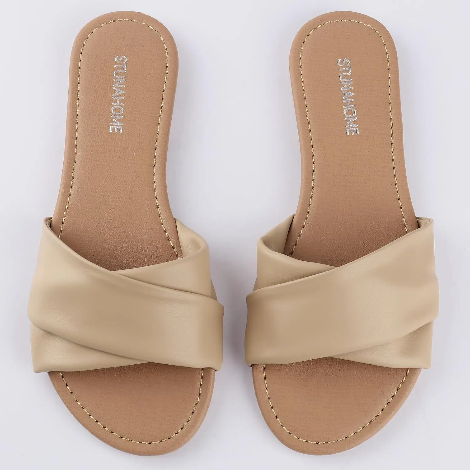 STUNAHOME Womens Flat Sandals Summer Slip On Slides Round Toe Leather Sandals Crisscross Slippers