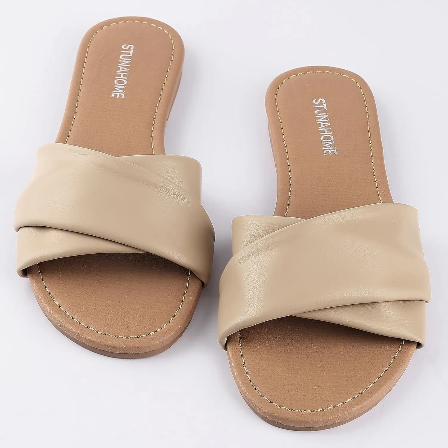 STUNAHOME Womens Flat Sandals Summer Slip On Slides Round Toe Leather Sandals Crisscross Slippers