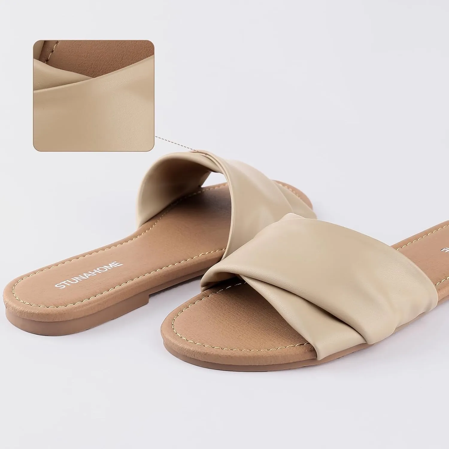 STUNAHOME Womens Flat Sandals Summer Slip On Slides Round Toe Leather Sandals Crisscross Slippers