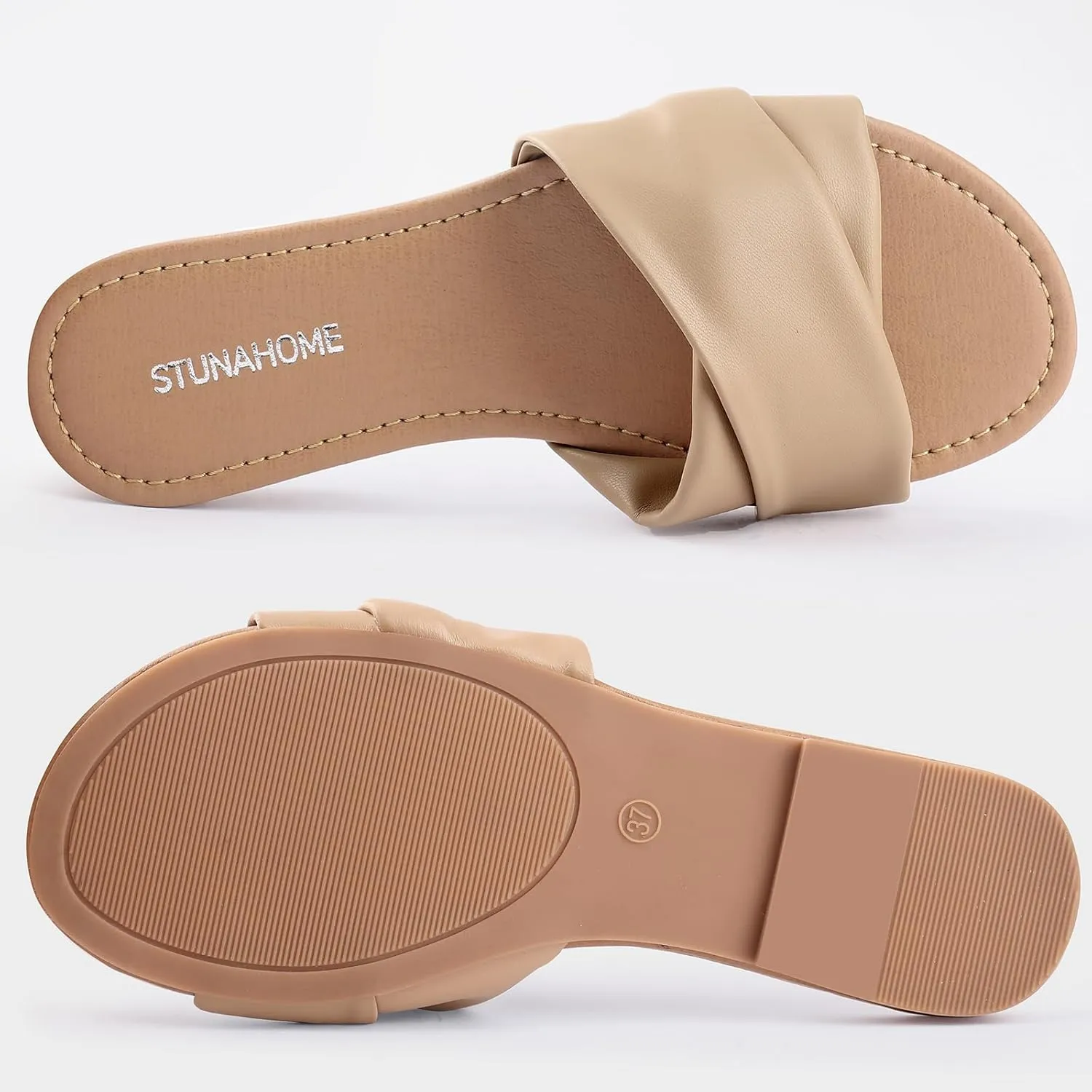 STUNAHOME Womens Flat Sandals Summer Slip On Slides Round Toe Leather Sandals Crisscross Slippers