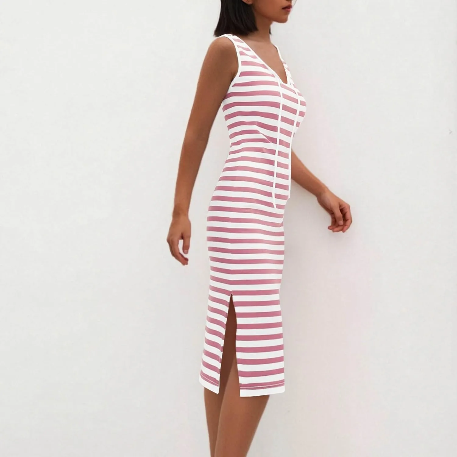 Summer Dresses for Women Striped Sleeveless Casual Sundresses Loose Fit Beach Cover Ups Trendy Tank Midi Sun Dress