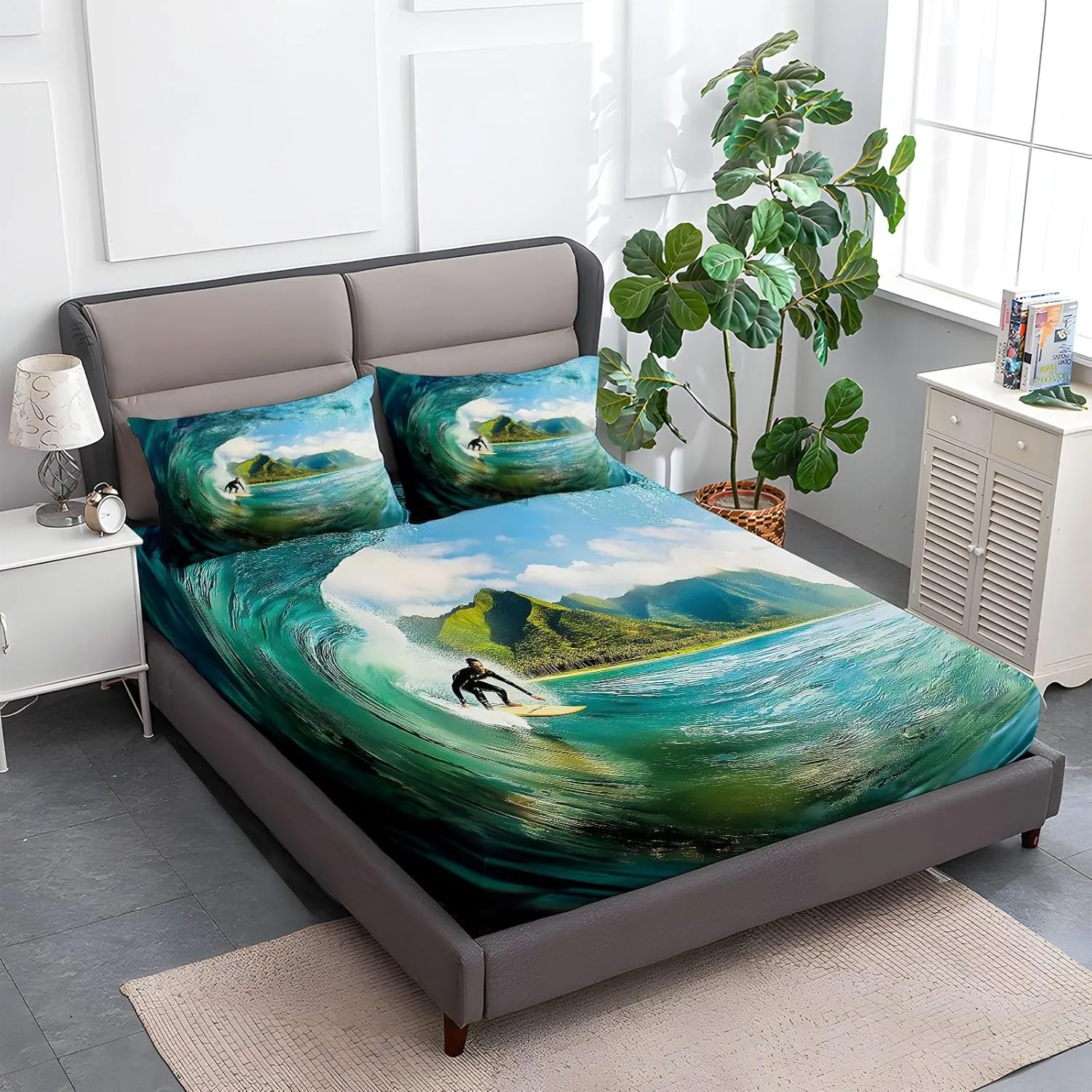 Surrealist Photography Surfing Printed Sheet Set King Microfiber Bedding Sheets & Pillowcases Soft 16" Extra Deep Pocket Wrinkle Fitted Bedsheet 4 Piece Surrealism