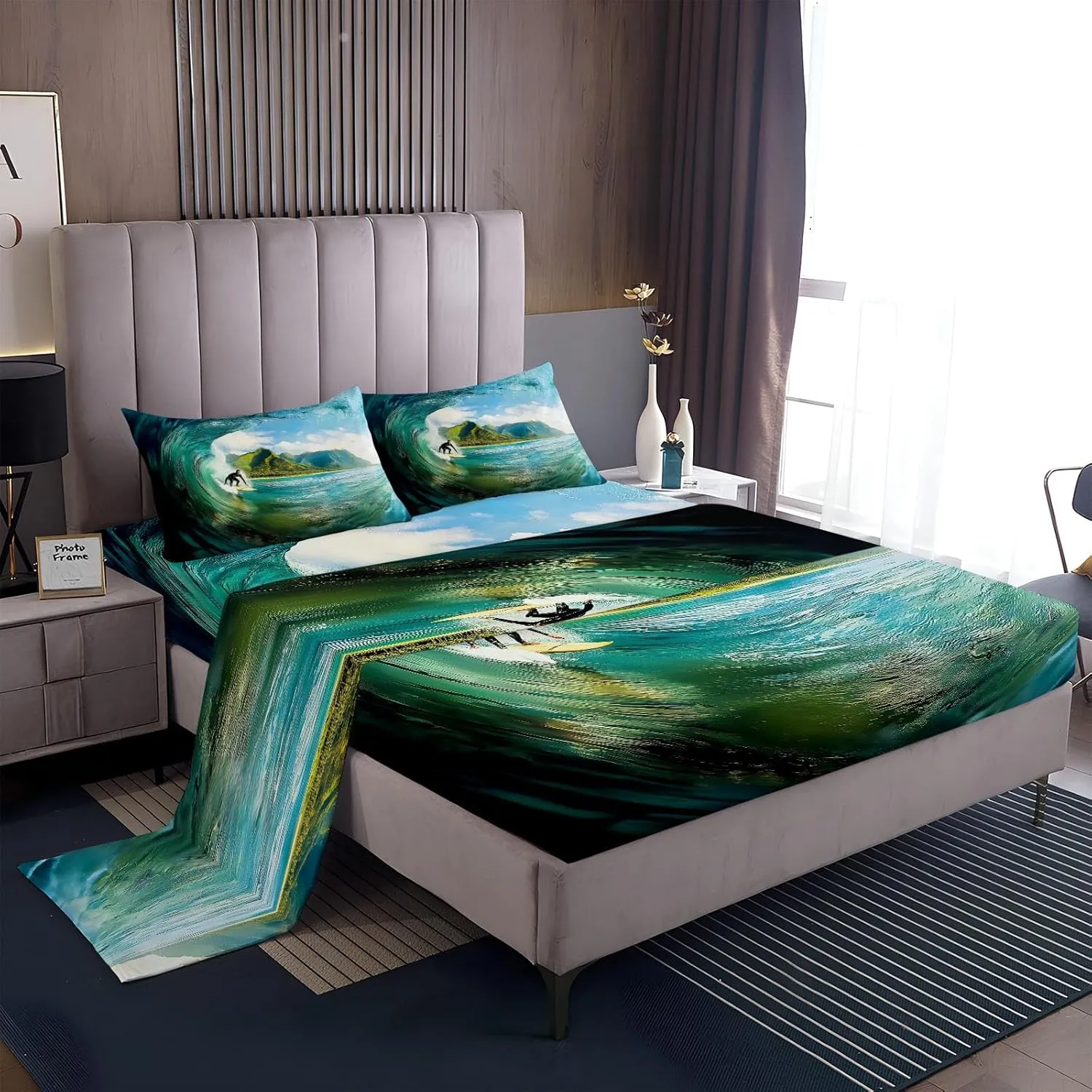 Surrealist Photography Surfing Printed Sheet Set King Microfiber Bedding Sheets & Pillowcases Soft 16" Extra Deep Pocket Wrinkle Fitted Bedsheet 4 Piece Surrealism