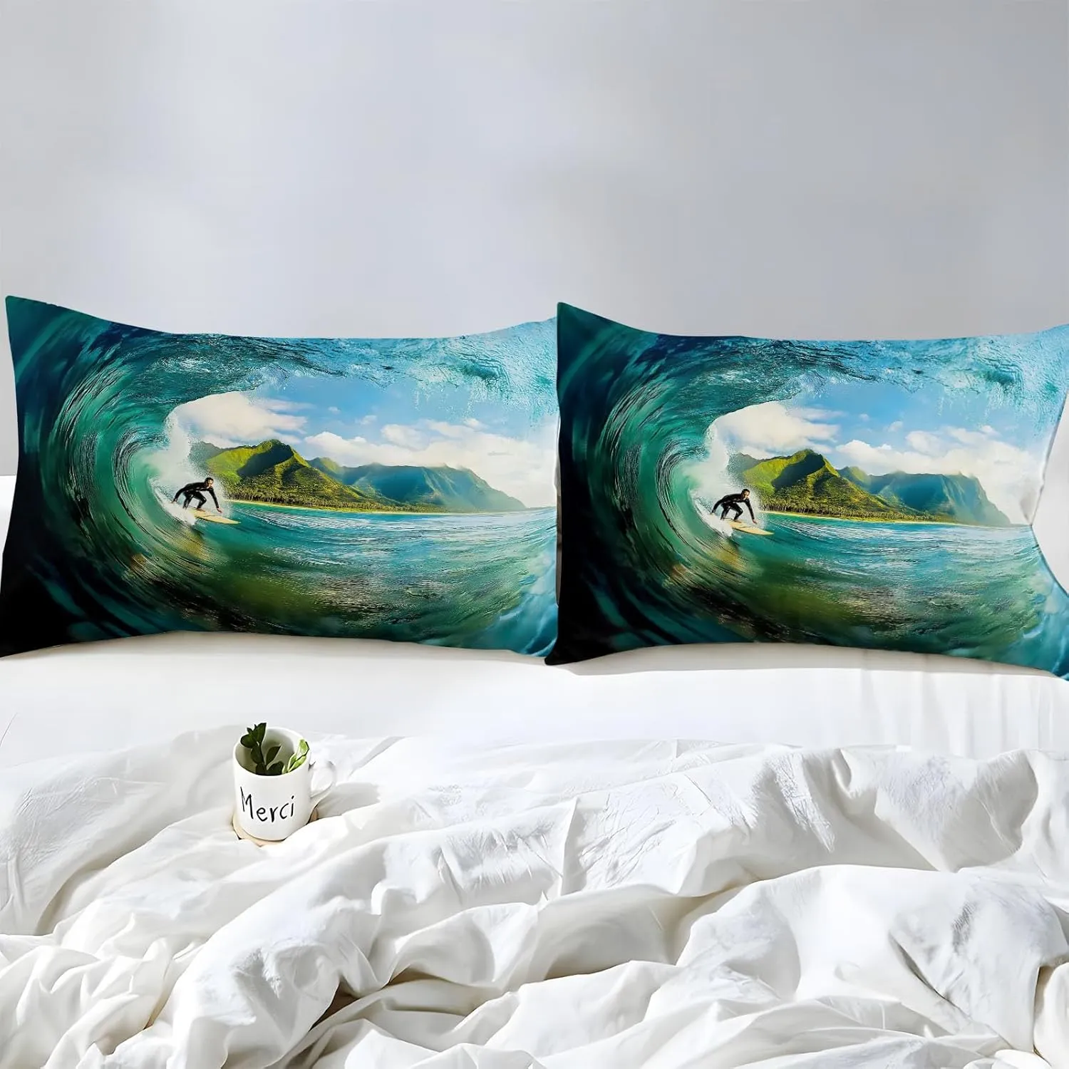Surrealist Photography Surfing Printed Sheet Set King Microfiber Bedding Sheets & Pillowcases Soft 16" Extra Deep Pocket Wrinkle Fitted Bedsheet 4 Piece Surrealism