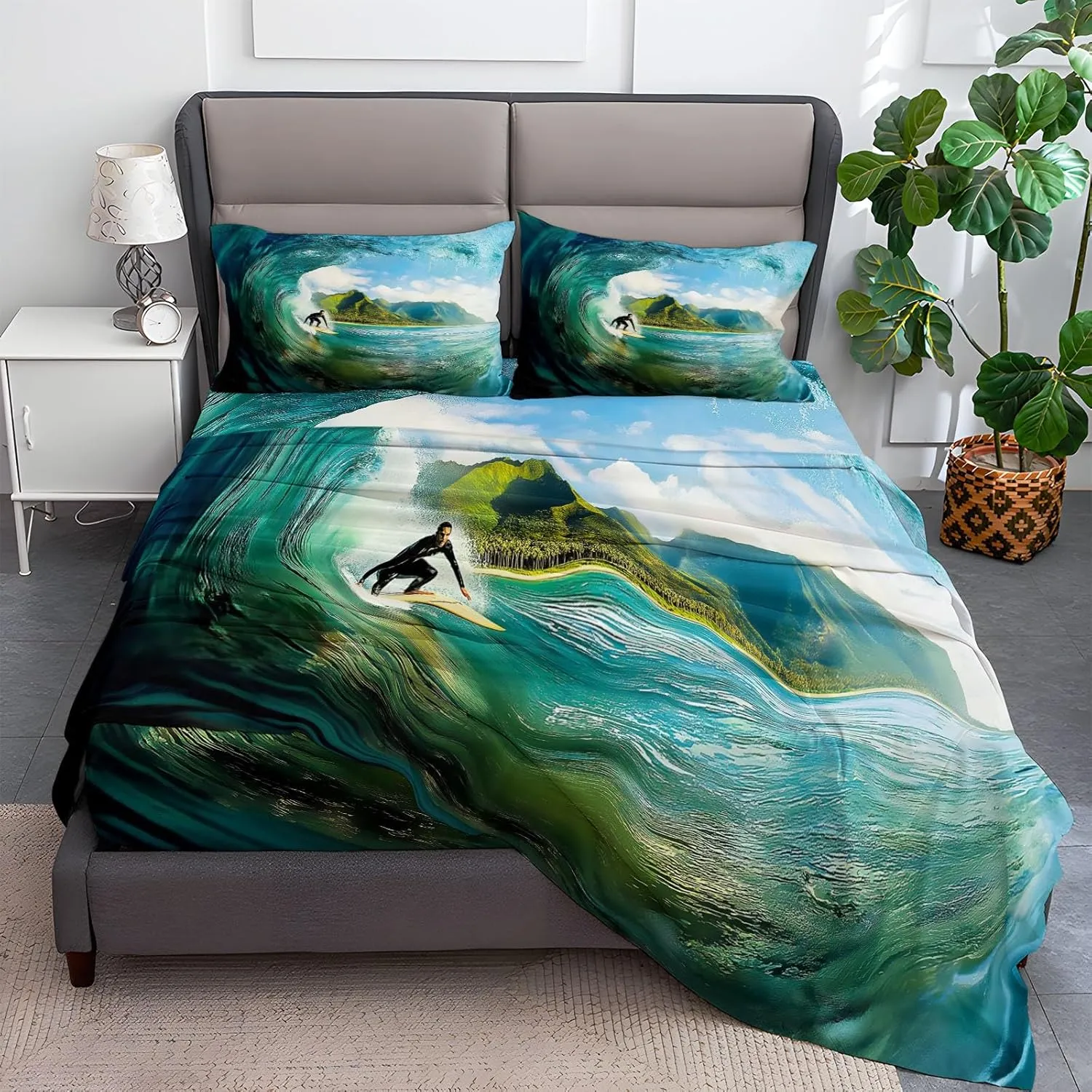 Surrealist Photography Surfing Printed Sheet Set King Microfiber Bedding Sheets & Pillowcases Soft 16" Extra Deep Pocket Wrinkle Fitted Bedsheet 4 Piece Surrealism