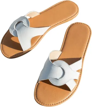 SweatyRocks Women's Open Toe Strappy Flat Sandals PU Leather Colorblock Solid Slip on Slides