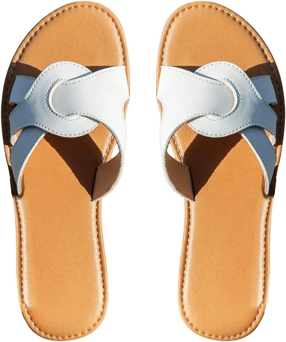 SweatyRocks Women's Open Toe Strappy Flat Sandals PU Leather Colorblock Solid Slip on Slides