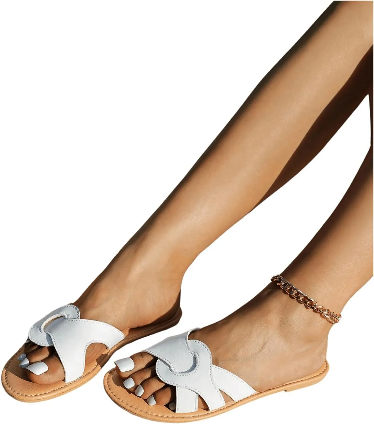 SweatyRocks Women's Open Toe Strappy Flat Sandals PU Leather Colorblock Solid Slip on Slides