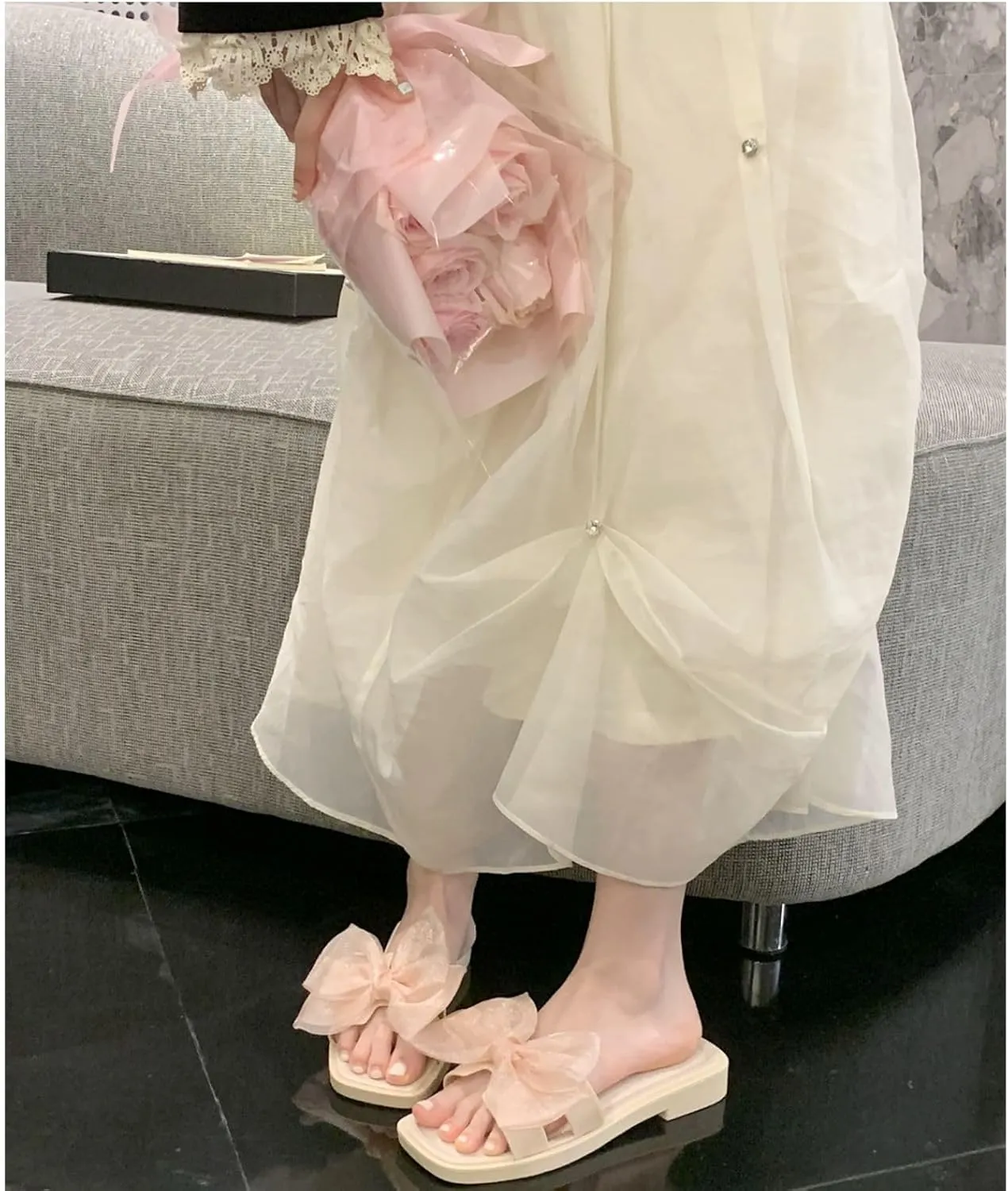 Sweet Fairy Wind net Yarn Bow flip-Flops Casual wear Non-Slip Beach Shoes for Women Summer Slippers with Bows
