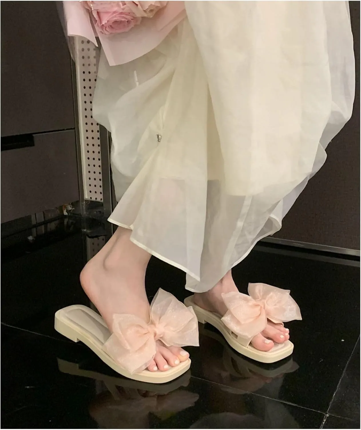 Sweet Fairy Wind net Yarn Bow flip-Flops Casual wear Non-Slip Beach Shoes for Women Summer Slippers with Bows