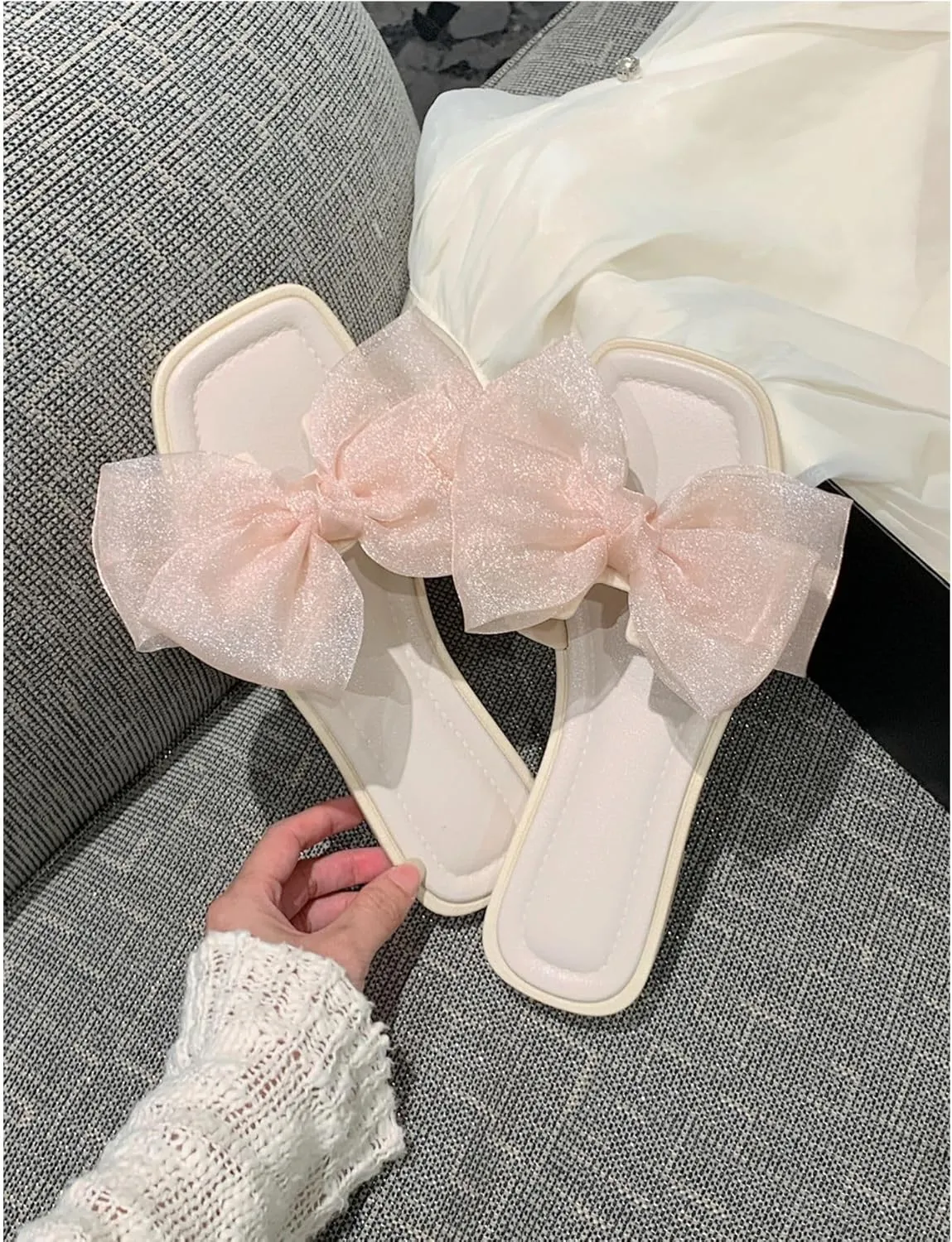 Sweet Fairy Wind net Yarn Bow flip-Flops Casual wear Non-Slip Beach Shoes for Women Summer Slippers with Bows