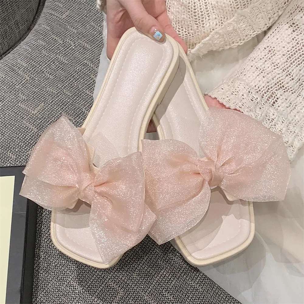 Sweet Fairy Wind net Yarn Bow flip-Flops Casual wear Non-Slip Beach Shoes for Women Summer Slippers with Bows