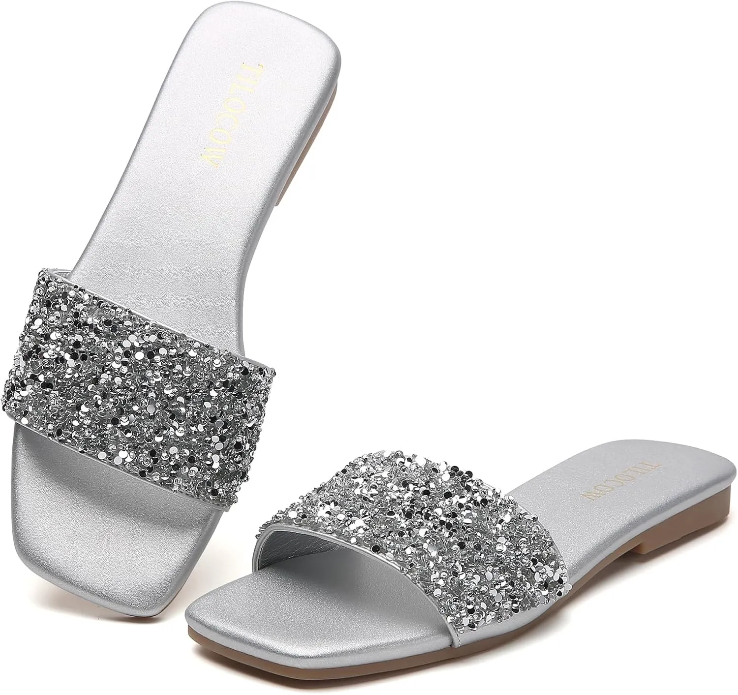 Tilocow Women Rhinestone Decor Flat Sandals Square Toe Fashion Glitter Bling Slides With Soft Summer Slippers