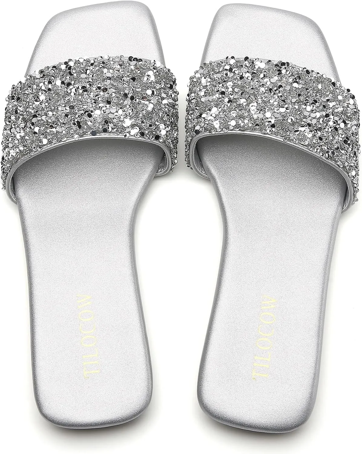 Tilocow Women Rhinestone Decor Flat Sandals Square Toe Fashion Glitter Bling Slides With Soft Summer Slippers
