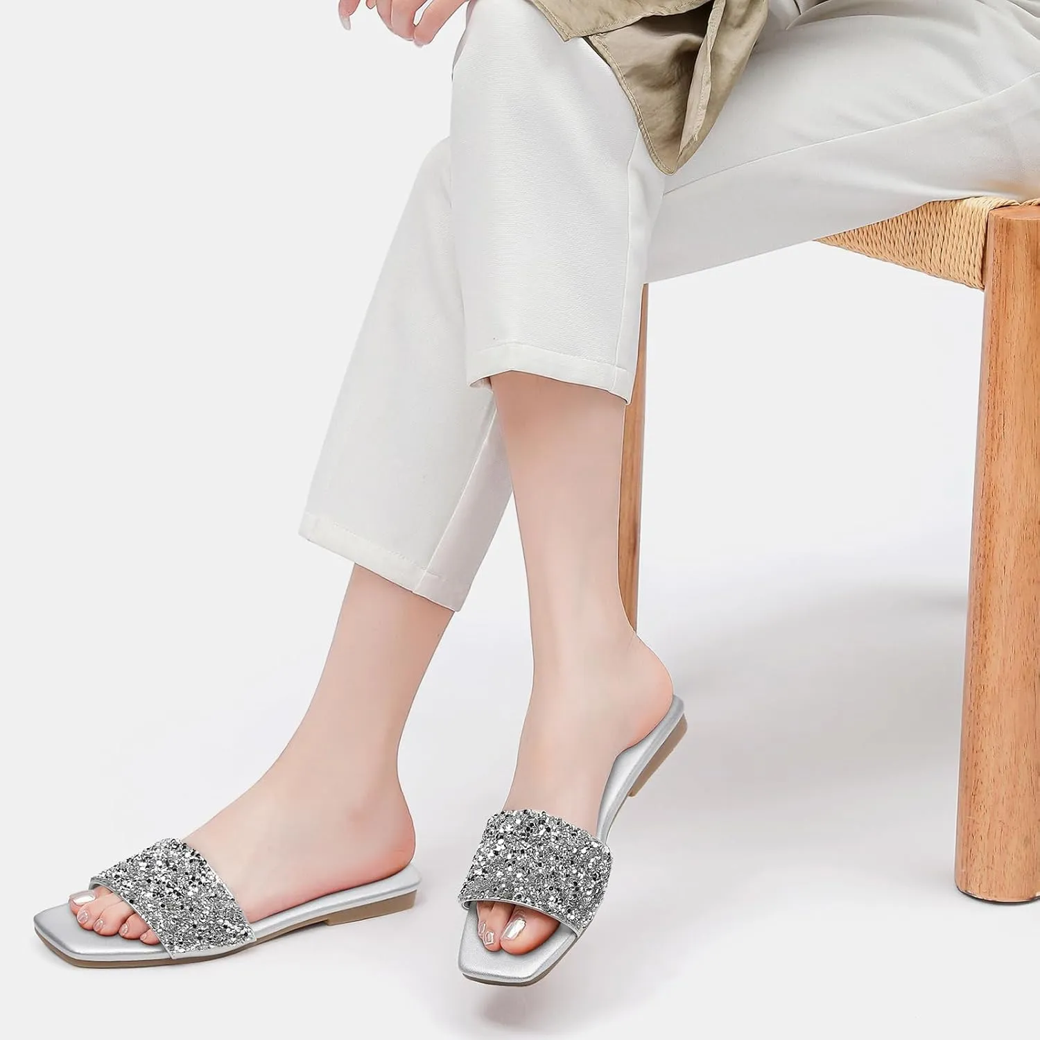 Tilocow Women Rhinestone Decor Flat Sandals Square Toe Fashion Glitter Bling Slides With Soft Summer Slippers