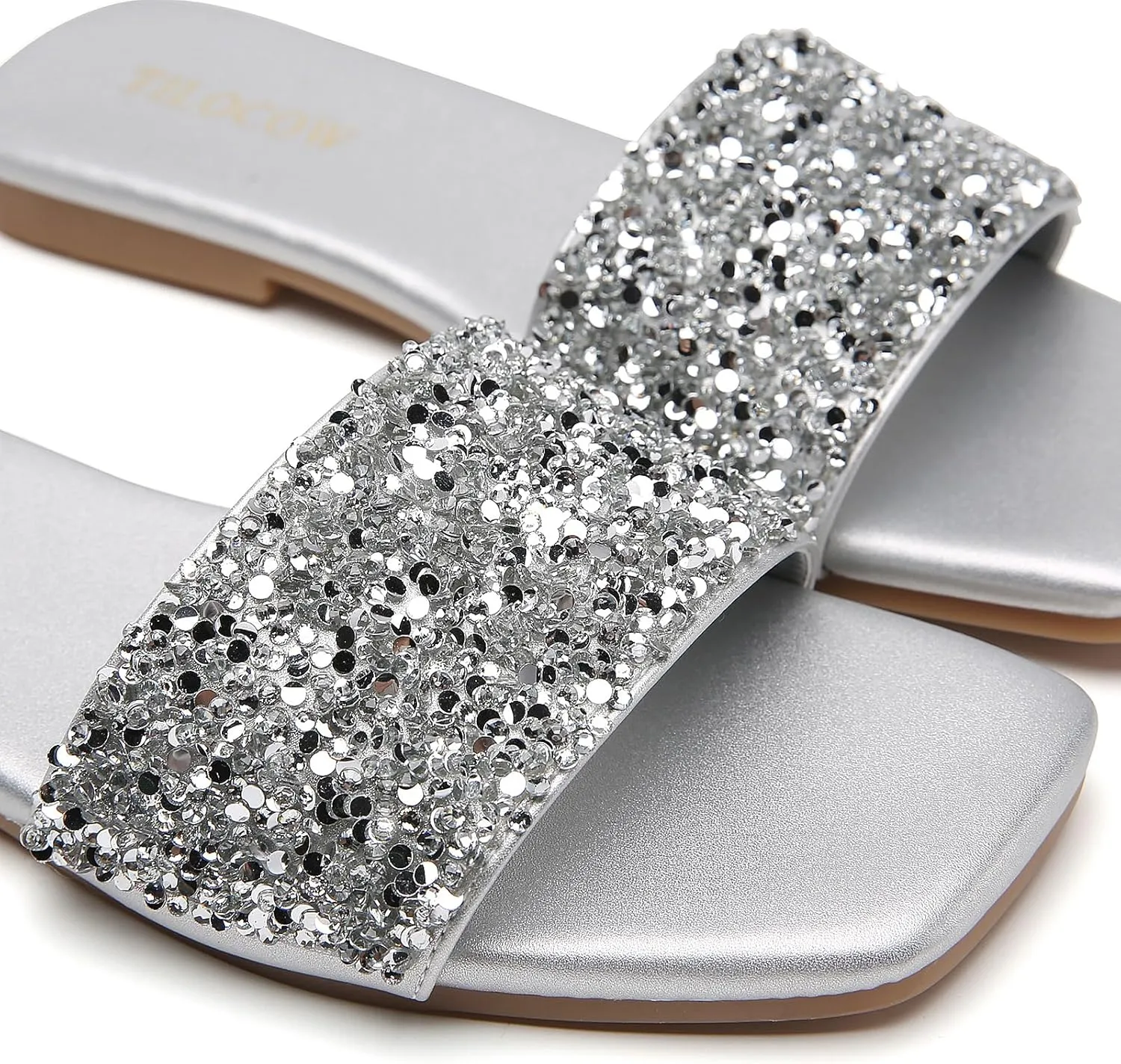 Tilocow Women Rhinestone Decor Flat Sandals Square Toe Fashion Glitter Bling Slides With Soft Summer Slippers