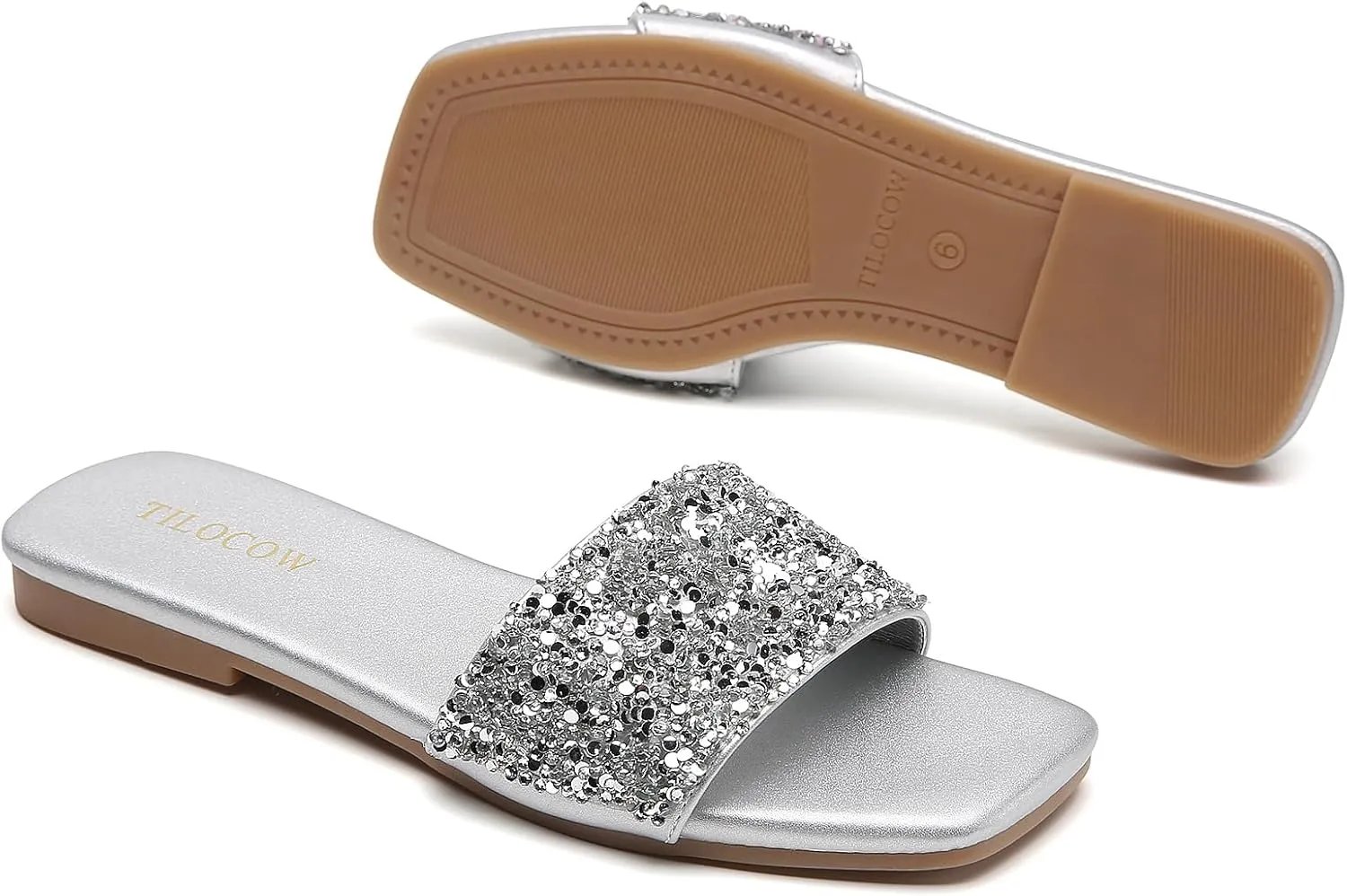 Tilocow Women Rhinestone Decor Flat Sandals Square Toe Fashion Glitter Bling Slides With Soft Summer Slippers