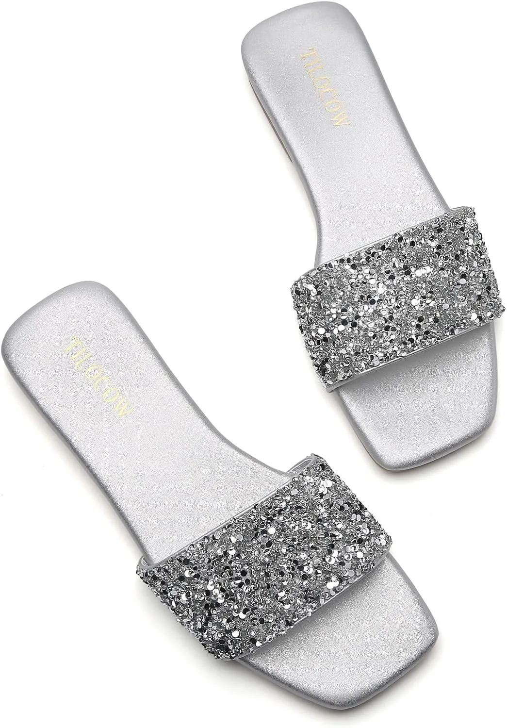 Tilocow Women Rhinestone Decor Flat Sandals Square Toe Fashion Glitter Bling Slides With Soft Summer Slippers