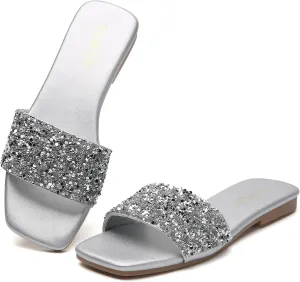 Tilocow Women Rhinestone Decor Flat Sandals Square Toe Fashion Glitter Bling Slides With Soft Summer Slippers
