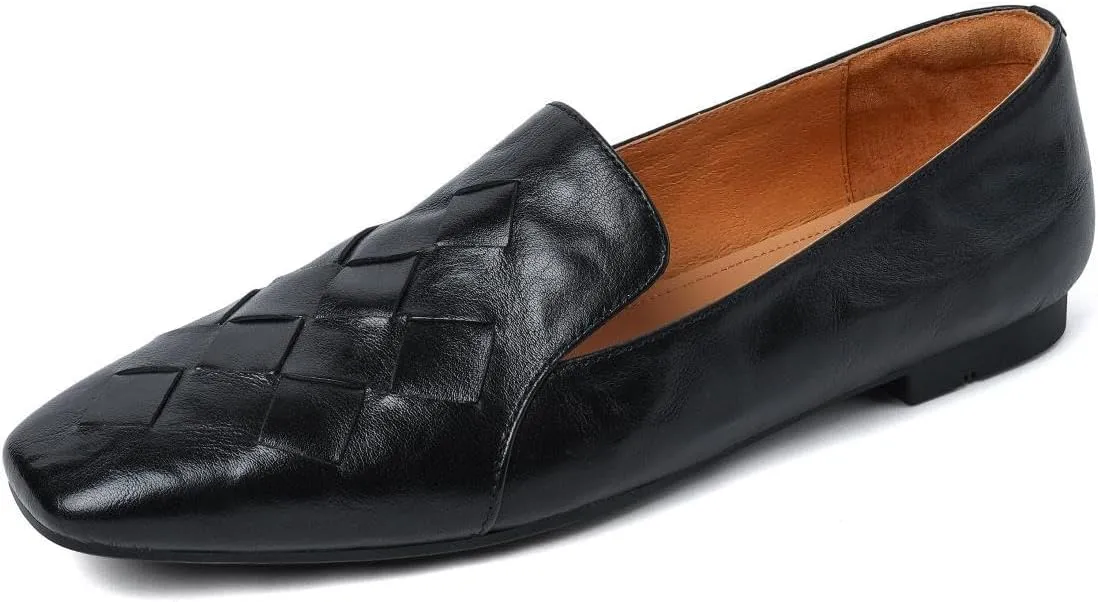 TinaCus Women's Soft Leather Square Toe Woven Handmade Comfortable Casual Flats Shoes