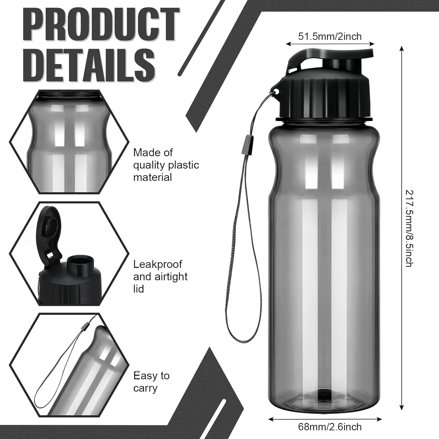 Tioncy 20 Pieces Plastic Water Bottles for Adults Bulk 17 oz Sport Drink Bottles with Handle Strap Lightweight Leakproof Drink Flip Top cups for Party Outdoor(Black)