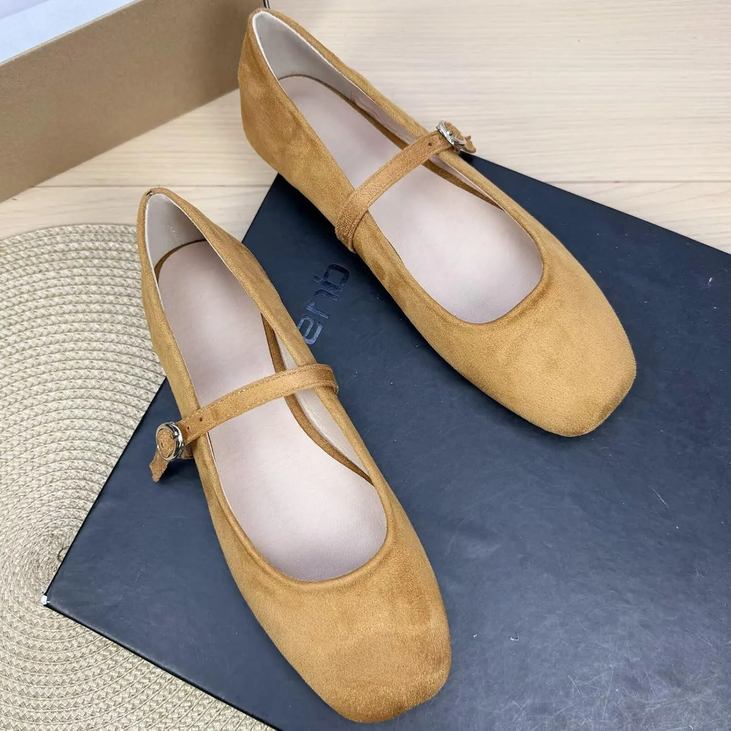 TN TANGNEST Women's Leather Flats Comfortable Square Toe Dress Flats Retro Soft Mary Jane Flats