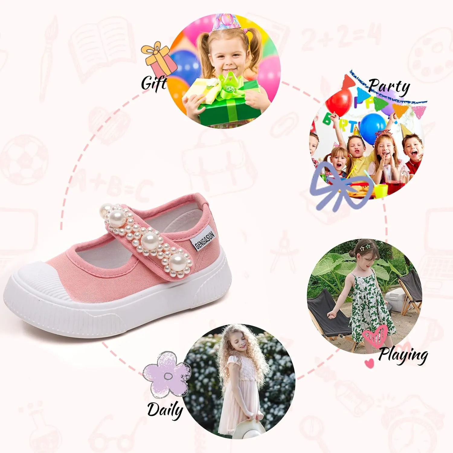 Toddler Girl's Mary Jane Flat Baby Shoes Canvas Pearl Sneakers for Kids School Uniform Casual Soft Walking Dress Shoes