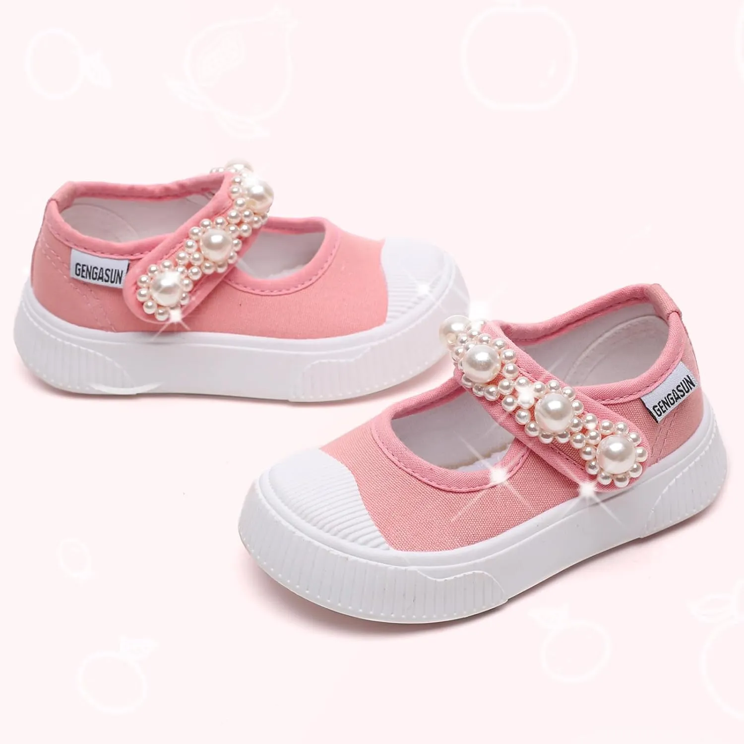Toddler Girl's Mary Jane Flat Baby Shoes Canvas Pearl Sneakers for Kids School Uniform Casual Soft Walking Dress Shoes