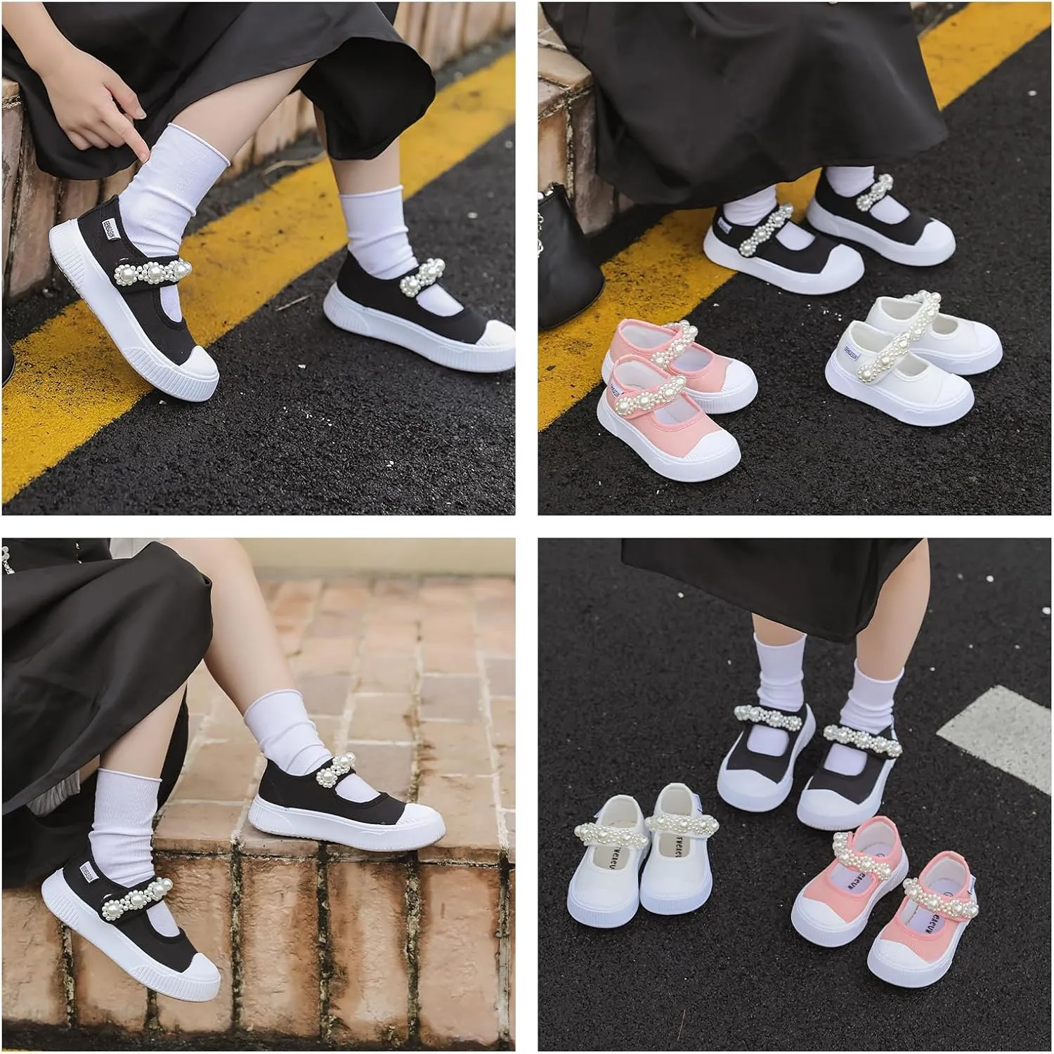 Toddler Girl's Mary Jane Flat Baby Shoes Canvas Pearl Sneakers for Kids School Uniform Casual Soft Walking Dress Shoes