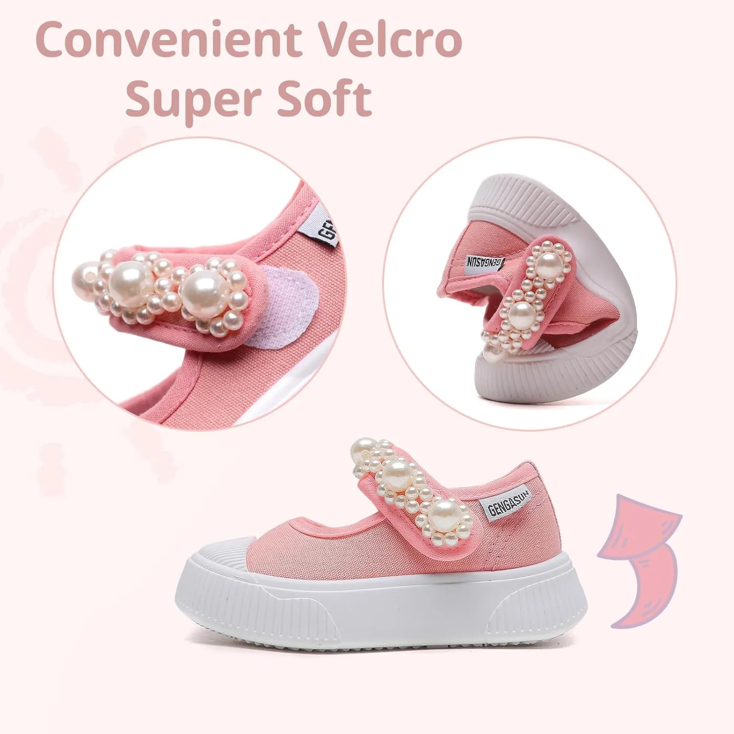 Toddler Girl's Mary Jane Flat Baby Shoes Canvas Pearl Sneakers for Kids School Uniform Casual Soft Walking Dress Shoes