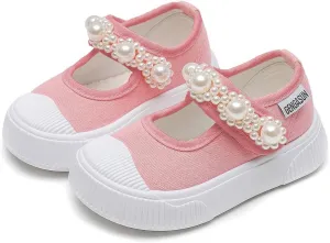 Toddler Girl's Mary Jane Flat Baby Shoes Canvas Pearl Sneakers for Kids School Uniform Casual Soft Walking Dress Shoes