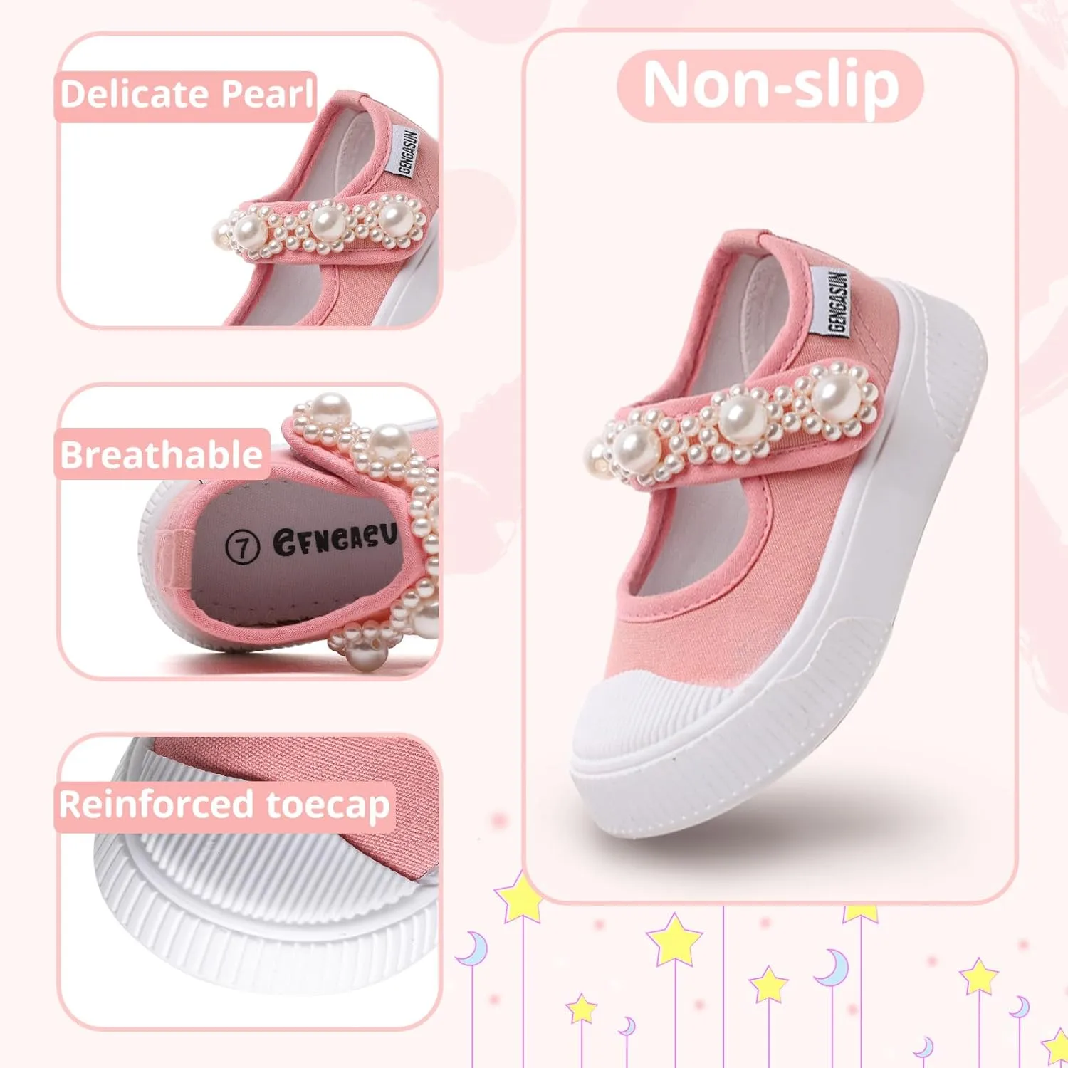 Toddler Girl's Mary Jane Flat Baby Shoes Canvas Pearl Sneakers for Kids School Uniform Casual Soft Walking Dress Shoes