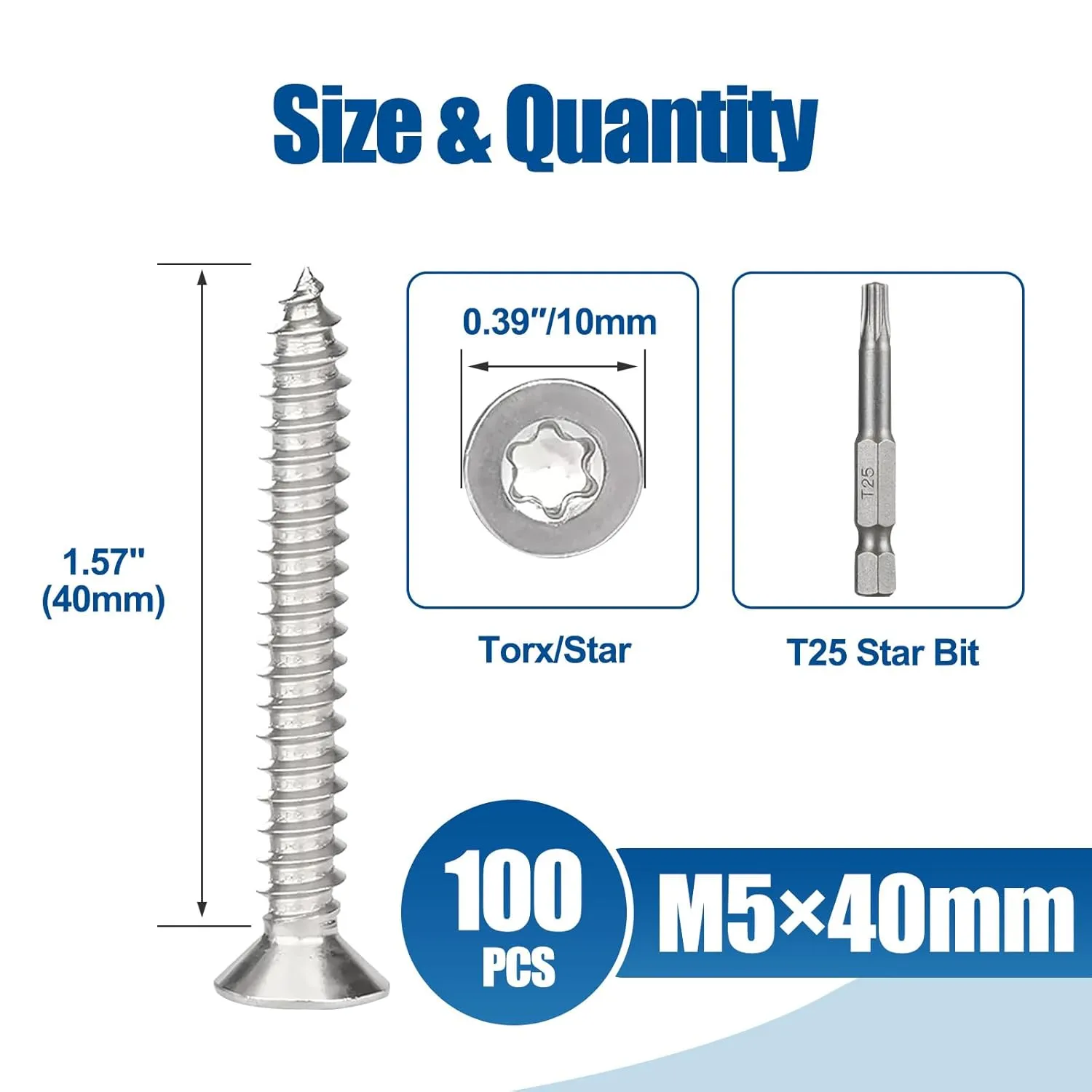 Torx/Star Drive Flat Head Self Tapping Screws, M5×40mm, 100 Pcs, 18-8 (304) Stainless Steel Wood Screws, Used for Wood, Plastic and Soft Metal, 1 Pcs T25 Star Bit Included