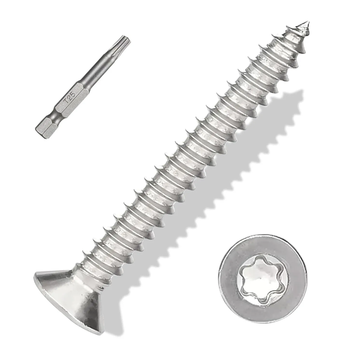 Torx/Star Drive Flat Head Self Tapping Screws, M5×40mm, 100 Pcs, 18-8 (304) Stainless Steel Wood Screws, Used for Wood, Plastic and Soft Metal, 1 Pcs T25 Star Bit Included