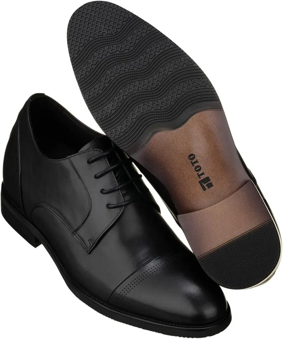 TOTO Men's Invisible Height Increasing Elevator Shoes - Black Premium Leather Lace-up Micro-Perforated Formal Derby Oxfords - 2.8 Inches Taller - K9277- Size 10 D(M) US