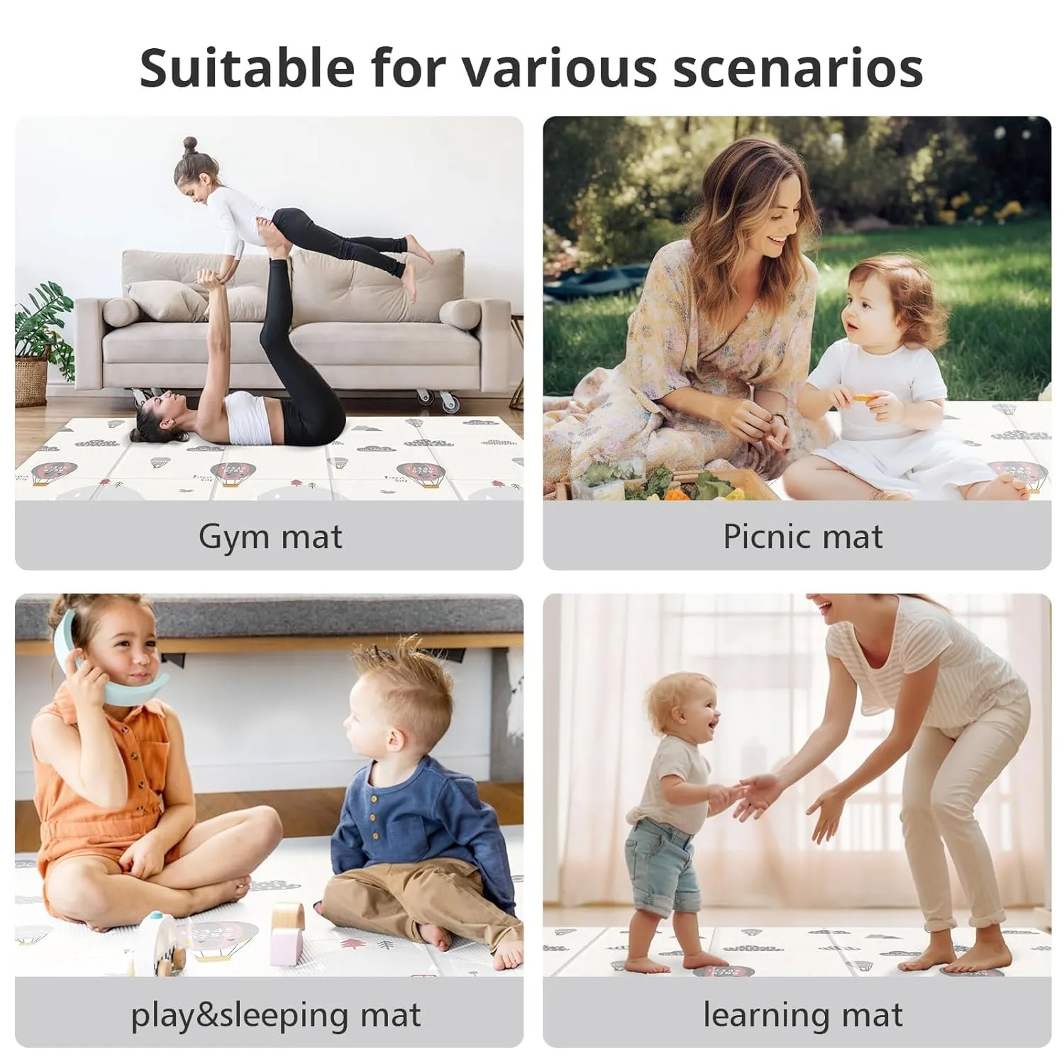 UANLAUO Baby Play Mat - Foam Thick PlayMat for Babies Play Pen Mat 71x59, Baby Crawling Mat, 2 in 1 Fabric and XPE Surface Anti-Slip, Floor PlayMats for Toddlers with Travel Bag for Indoor Outdoor