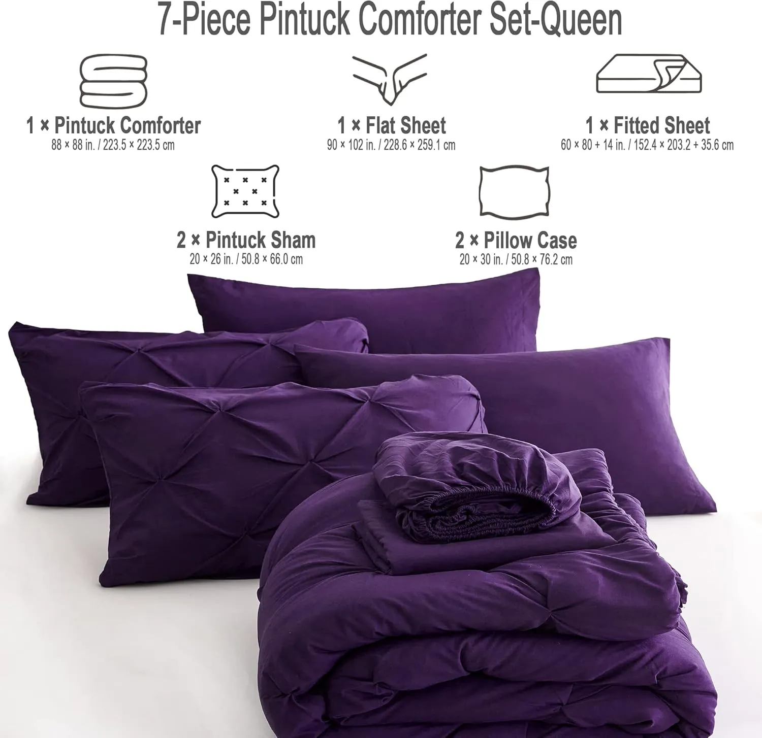 Ubauba 7pc Purple Comforter Set Queen Size with Sheets, Pintuck 7 Piece Bedding Comforters Bed in a Bag for All Season, Pinched Pleat Bed Set with Comforter (Purple,Queen)