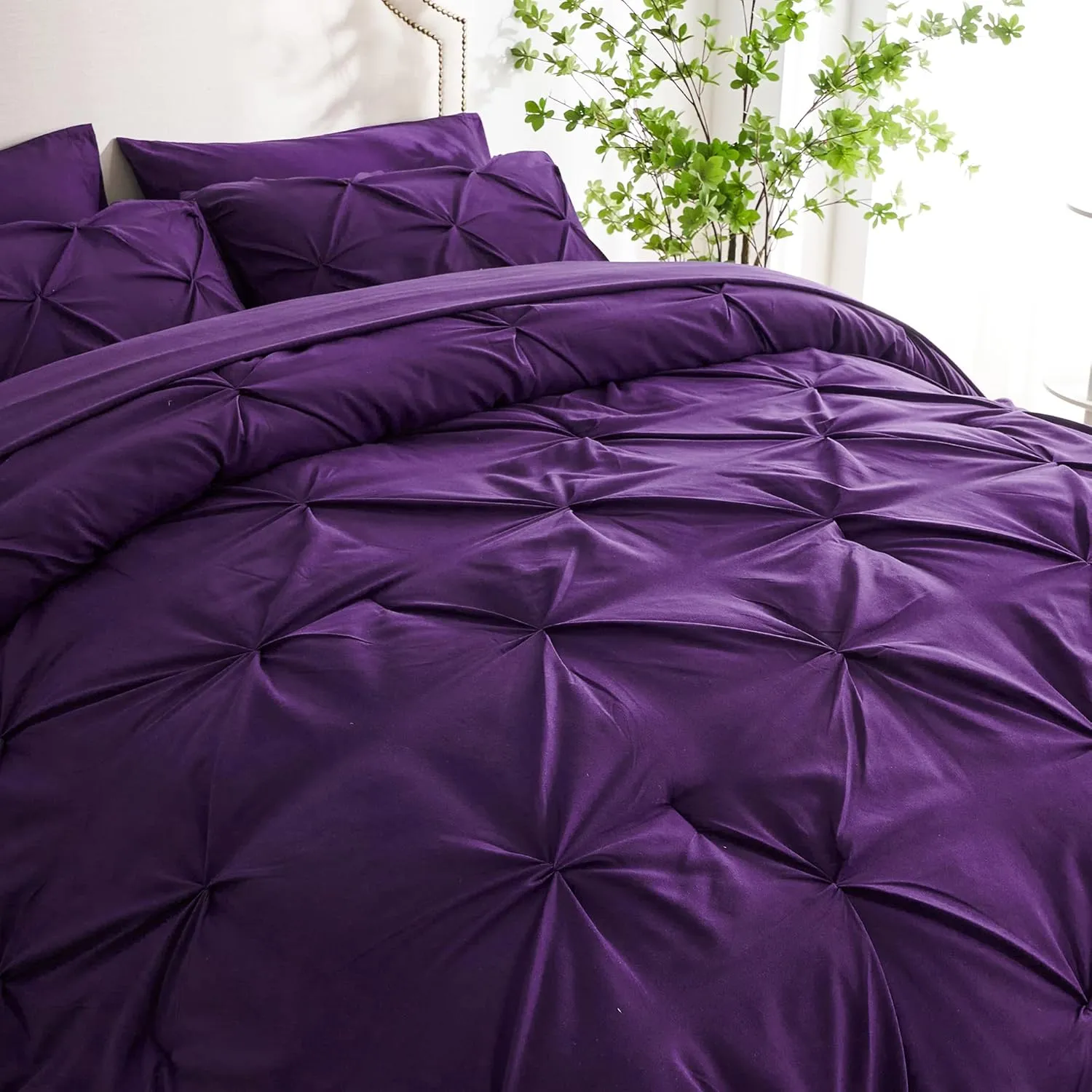 Ubauba 7pc Purple Comforter Set Queen Size with Sheets, Pintuck 7 Piece Bedding Comforters Bed in a Bag for All Season, Pinched Pleat Bed Set with Comforter (Purple,Queen)