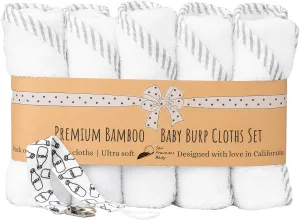 Ultra Soft Burp Cloths Unisex 5 Pack w/Pacifier Clip - Comfortable Fabric - Extra Absorbent Burping Bib for Spit-Ups and Spills - 19 x 9” Baby Burp Cloths White