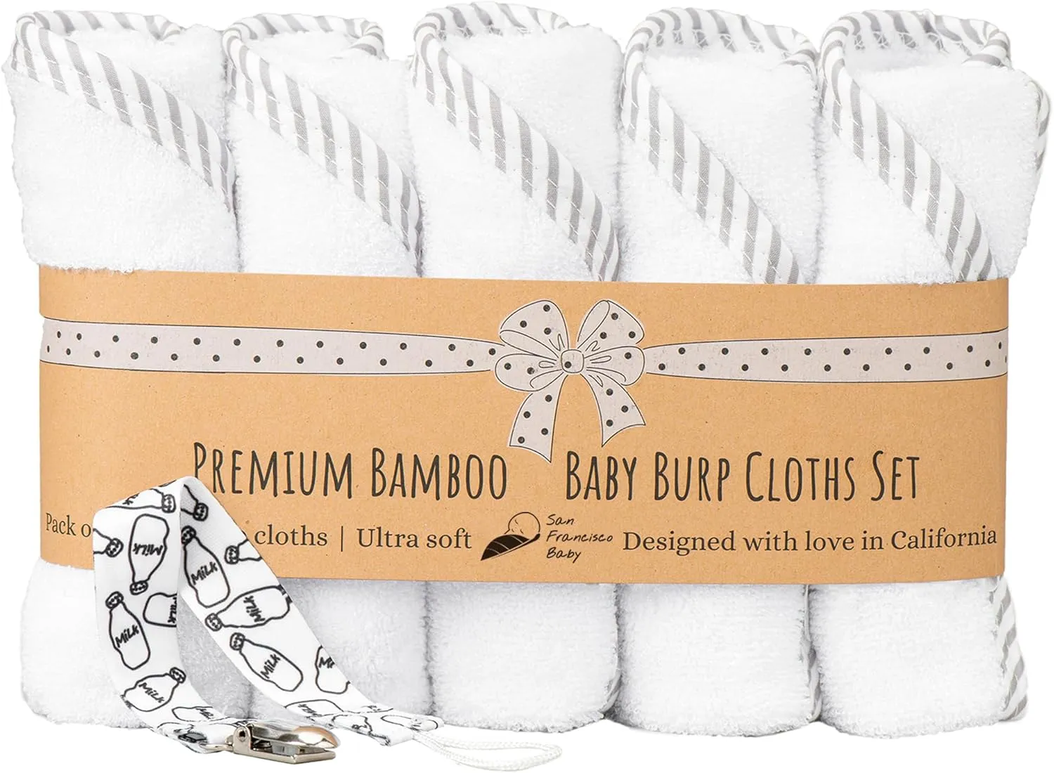 Ultra Soft Burp Cloths Unisex 5 Pack w/Pacifier Clip - Comfortable Fabric - Extra Absorbent Burping Bib for Spit-Ups and Spills - 19 x 9” Baby Burp Cloths White