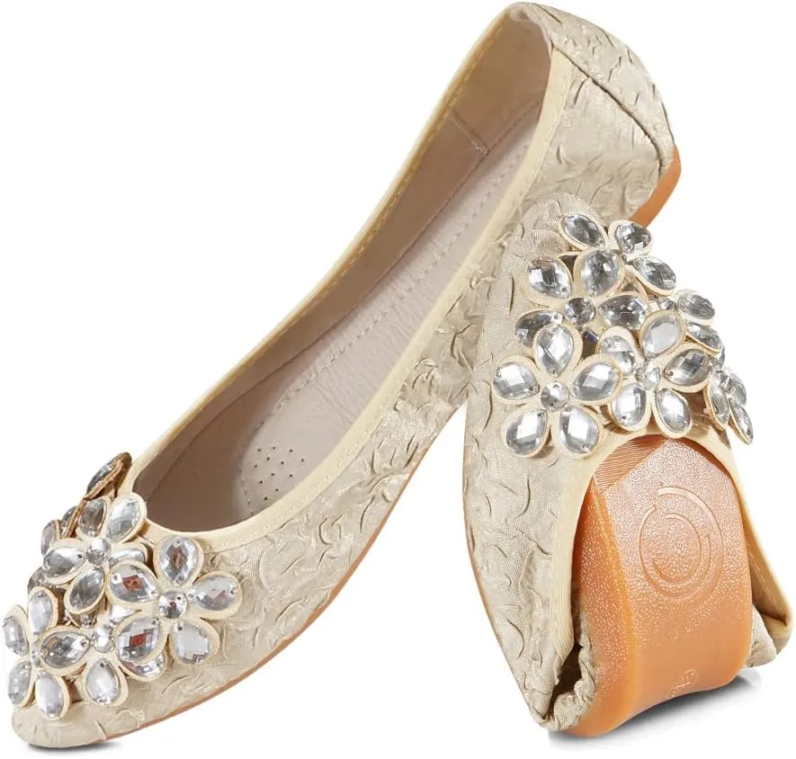 Unifizz Women's Ballet Flats Soft Pointed Toe Rhinestone Wedding Ballerina Shoes Foldable Sparkly Comfort Slip on Flat Shoes for Women