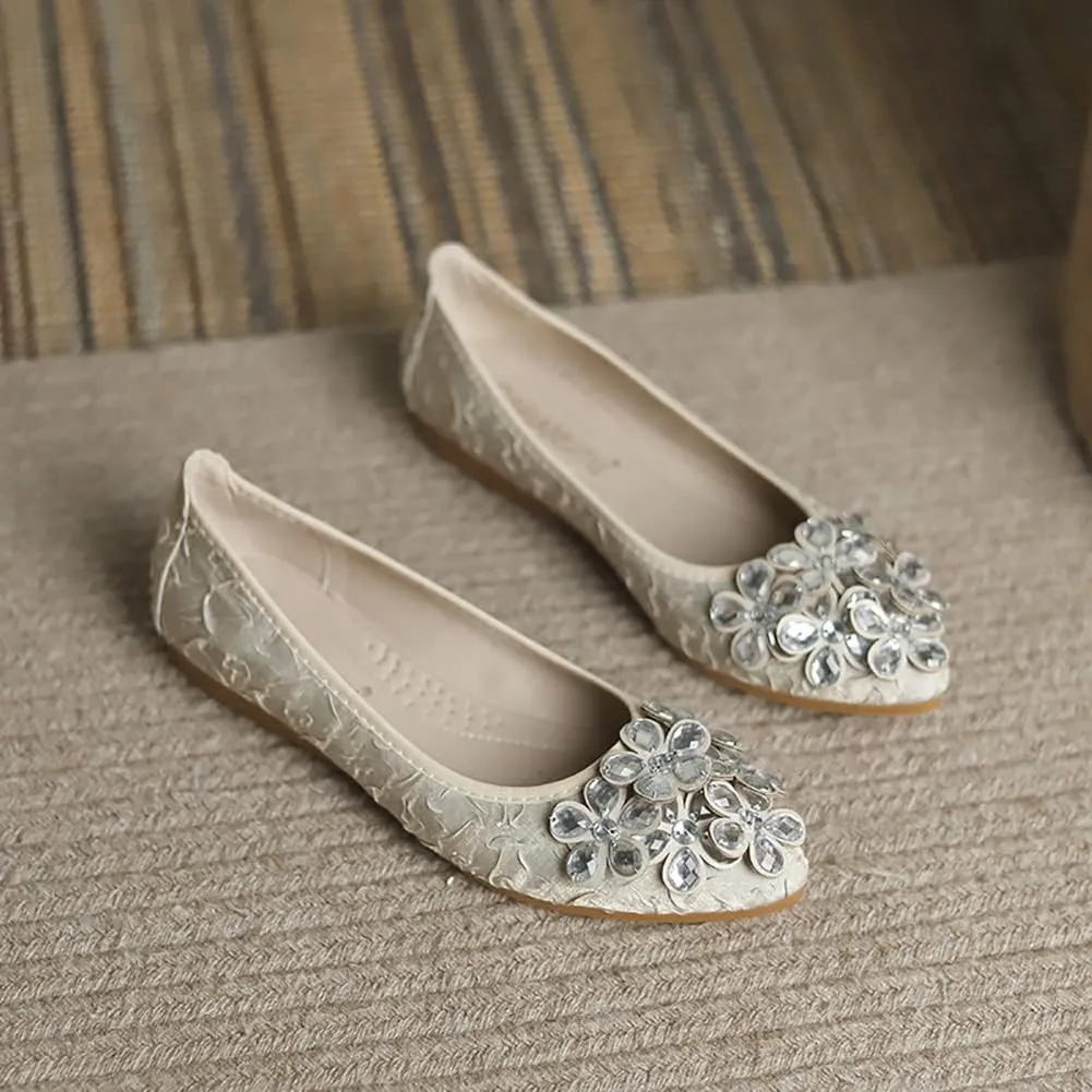 Unifizz Women's Ballet Flats Soft Pointed Toe Rhinestone Wedding Ballerina Shoes Foldable Sparkly Comfort Slip on Flat Shoes for Women