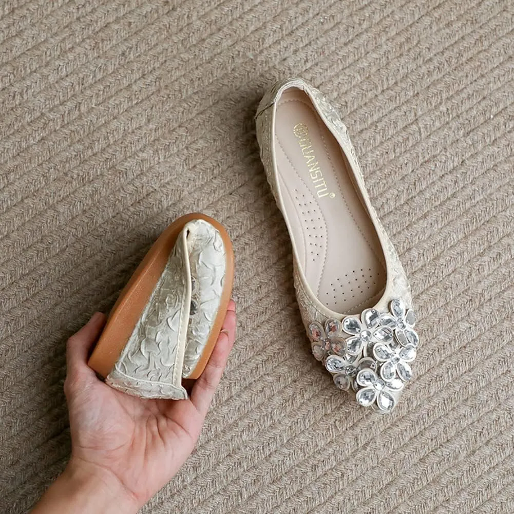 Unifizz Women's Ballet Flats Soft Pointed Toe Rhinestone Wedding Ballerina Shoes Foldable Sparkly Comfort Slip on Flat Shoes for Women