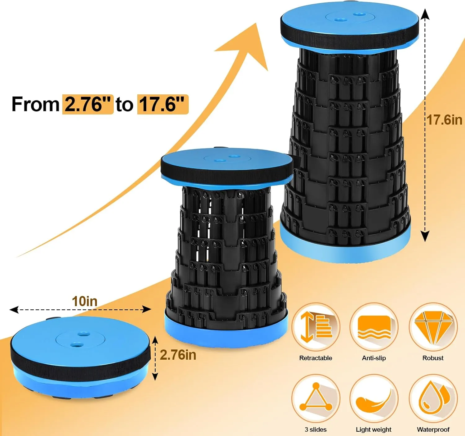 Upgraded Collapsible Stool with Load Capacity 600lbs, Stable Folding Stool with Triple Slide, Portable Camping Chair 3-in-1 Carry Bag, Retractable Telescoping Seat for Travel Hiking(Blue)