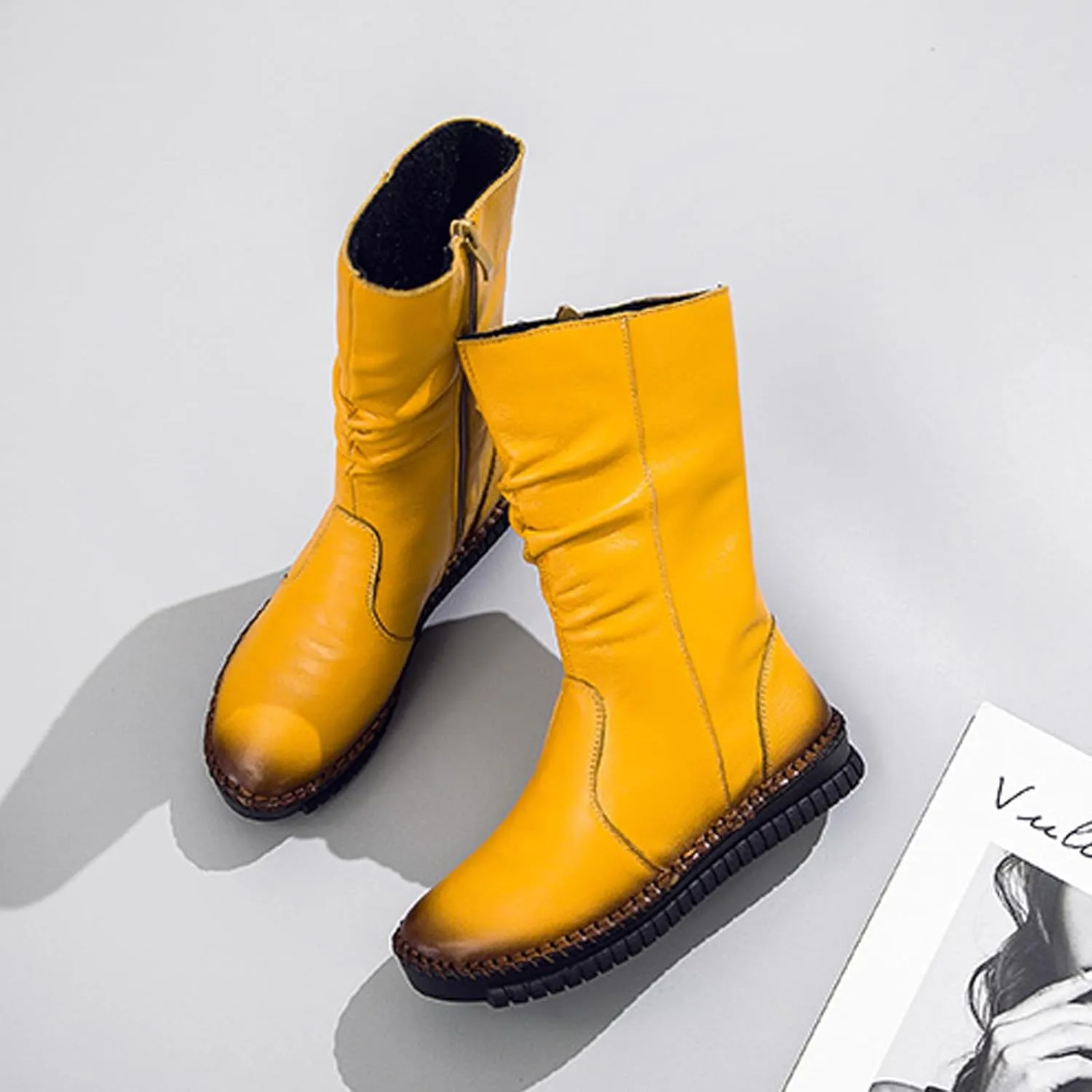 URLECHS Women's Leather Side Zipper Flat Heel Soft Sole Mid-Calf Boot Wide Round Toe Fur Lined Warm Winter Boots Casual Fashion Non-Slip Flat Boots
