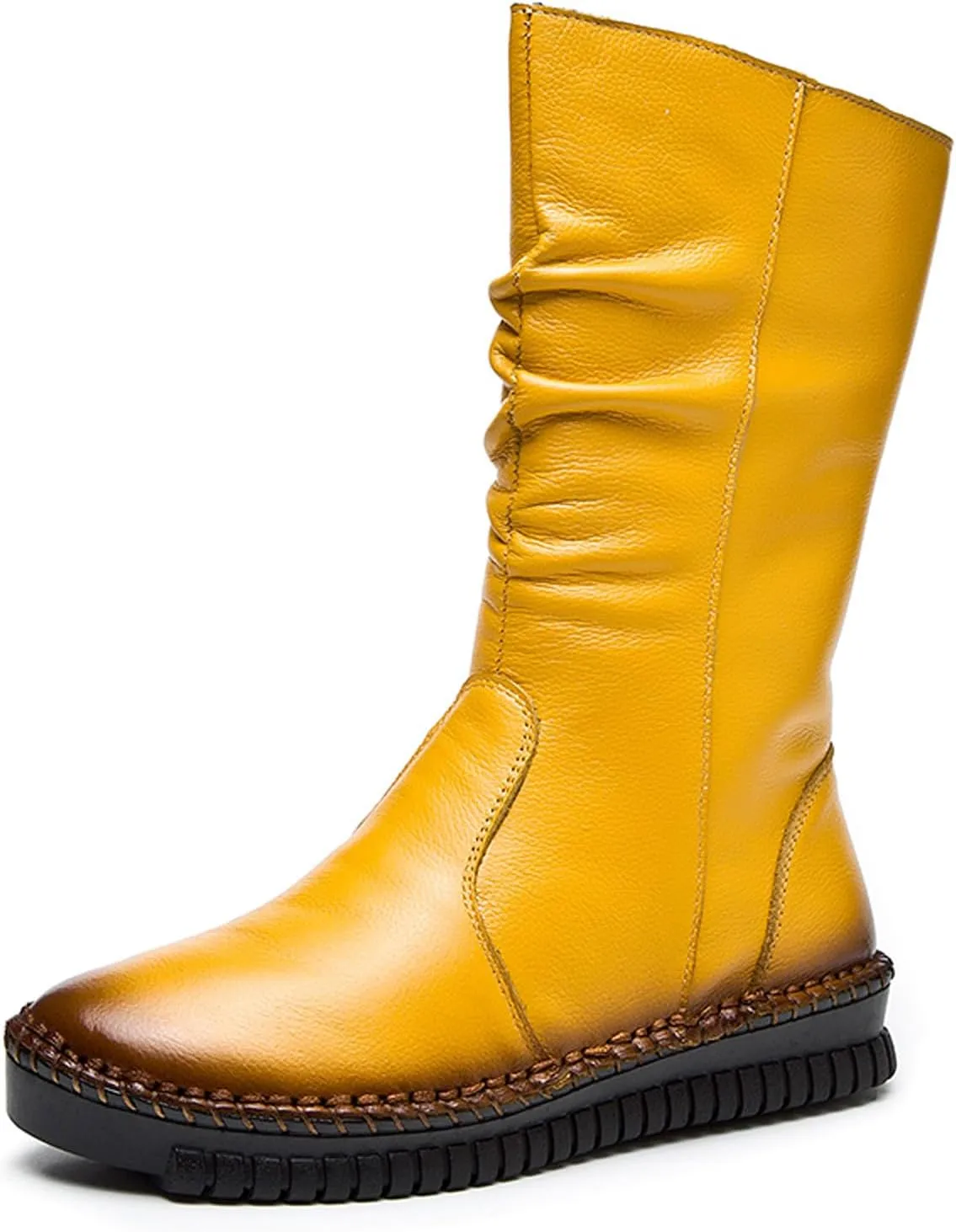 URLECHS Women's Leather Side Zipper Flat Heel Soft Sole Mid-Calf Boot Wide Round Toe Fur Lined Warm Winter Boots Casual Fashion Non-Slip Flat Boots
