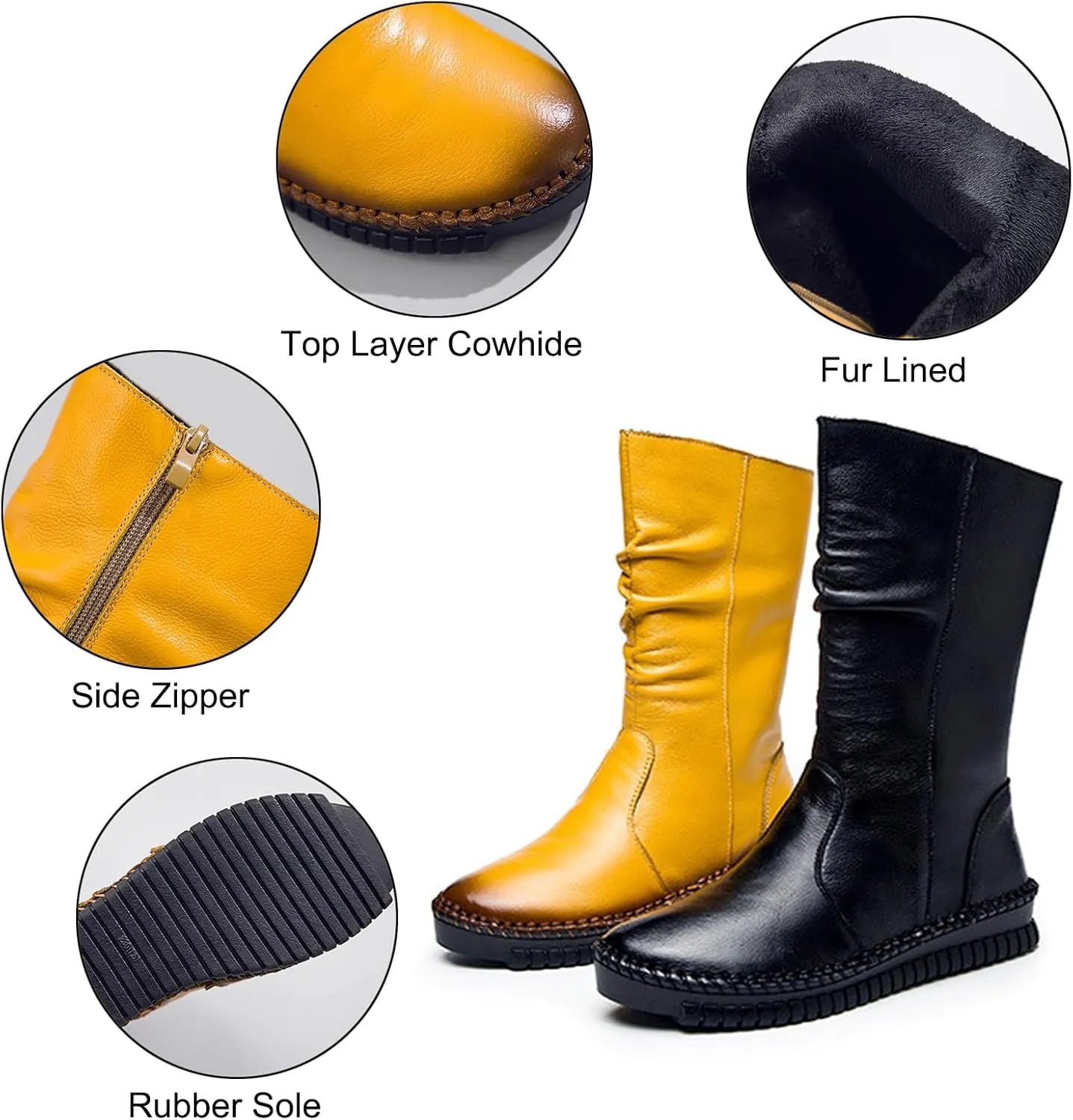 URLECHS Women's Leather Side Zipper Flat Heel Soft Sole Mid-Calf Boot Wide Round Toe Fur Lined Warm Winter Boots Casual Fashion Non-Slip Flat Boots