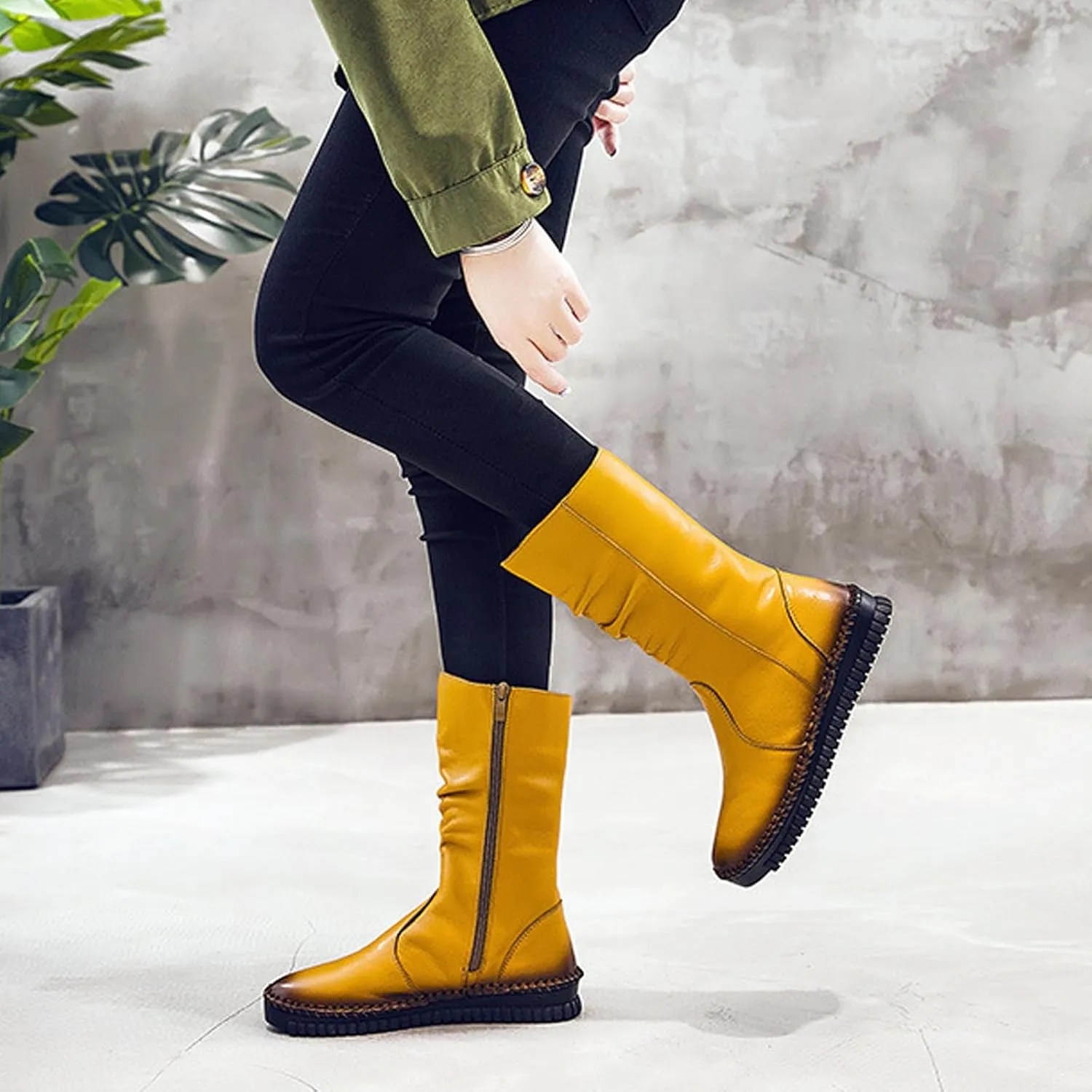 URLECHS Women's Leather Side Zipper Flat Heel Soft Sole Mid-Calf Boot Wide Round Toe Fur Lined Warm Winter Boots Casual Fashion Non-Slip Flat Boots
