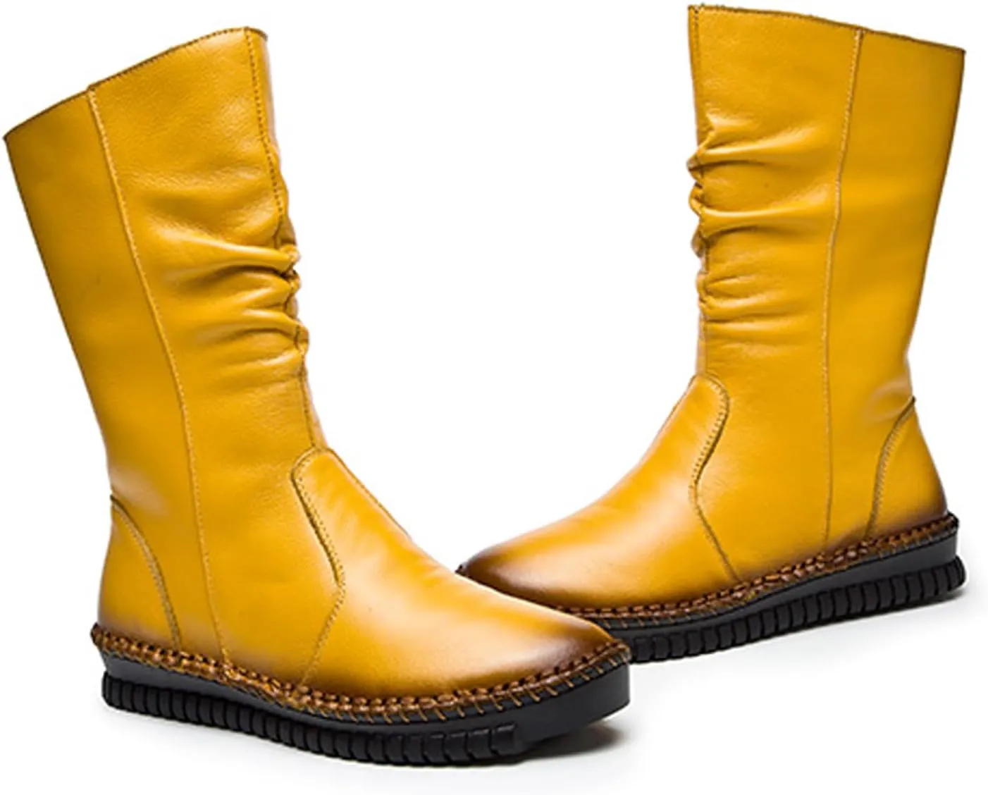 URLECHS Women's Leather Side Zipper Flat Heel Soft Sole Mid-Calf Boot Wide Round Toe Fur Lined Warm Winter Boots Casual Fashion Non-Slip Flat Boots